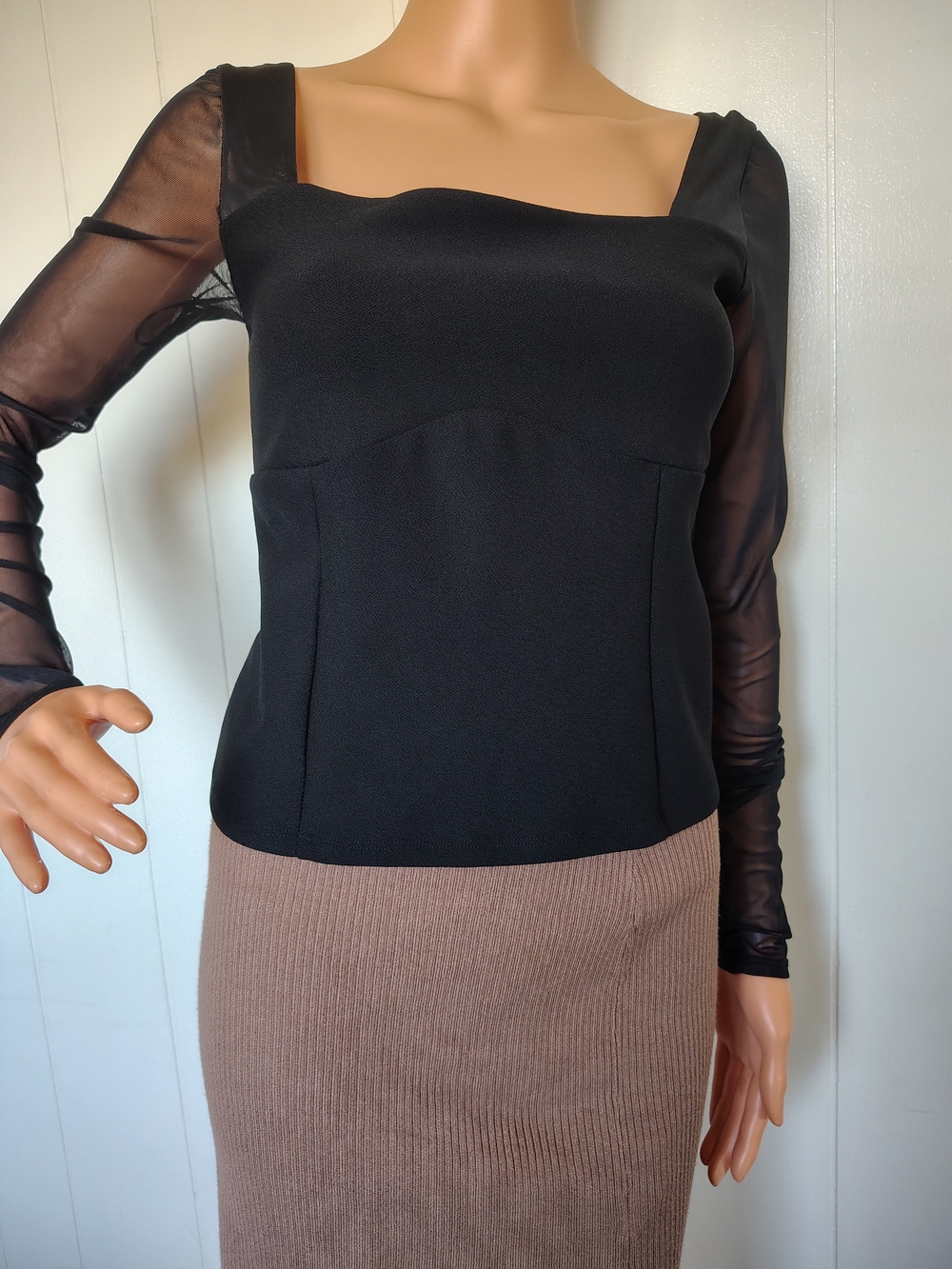 Abercrombie & Fitch Black Square Neck Blouse with Sheer Sleeves